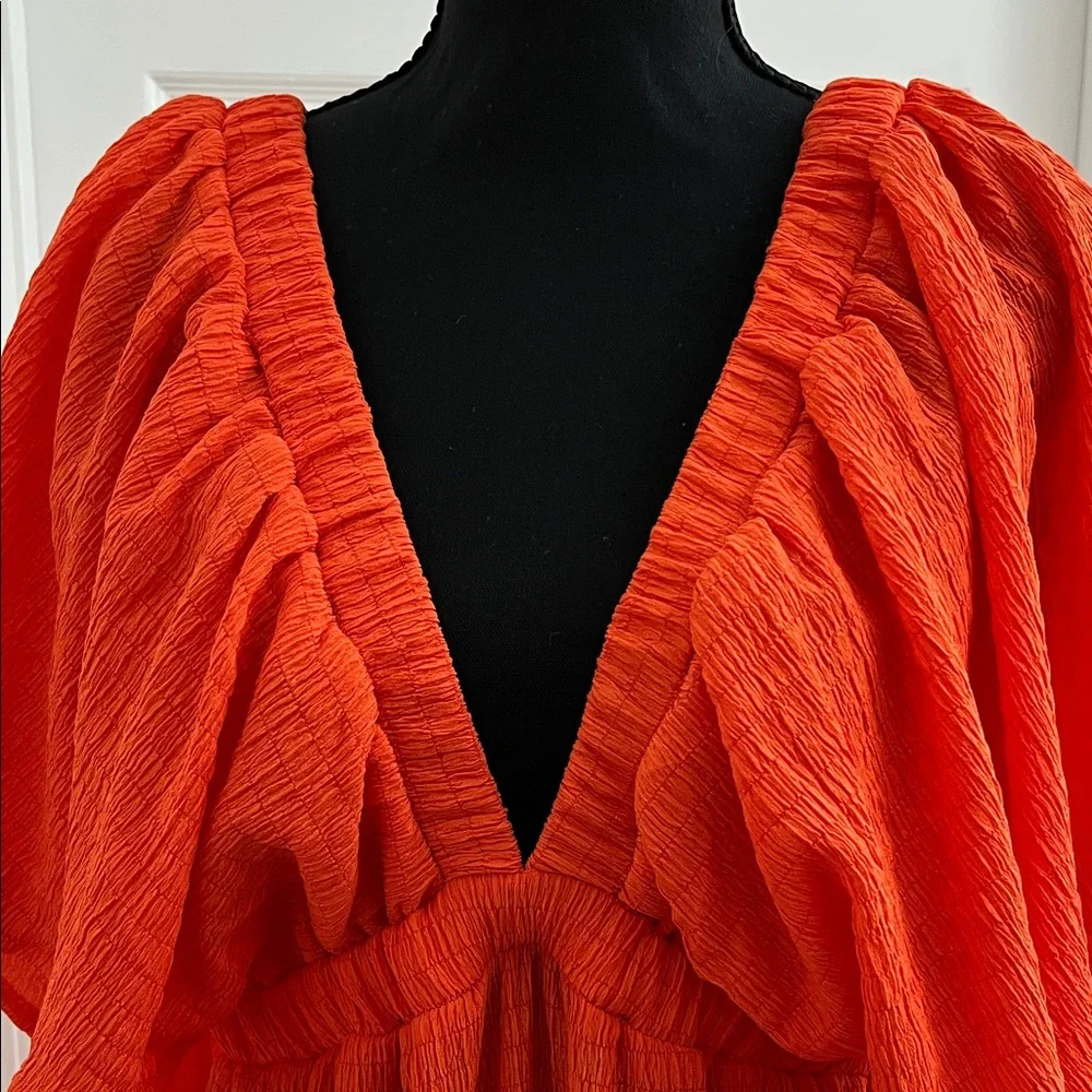 Deep V Orange Maxi Dress with Flutter Sleeves - Picture 3 of 8